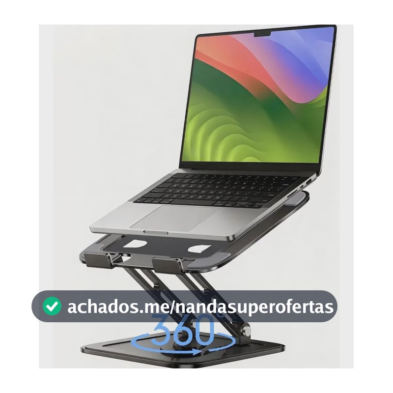Suporte De Mesa Metal Para Notebook Eletro Mex Gira 360° suporte ergonômico para laptop para mesa, mesa dobrável e portátil para computador, compatível com MacBook Pro e Air (10-16") Preto