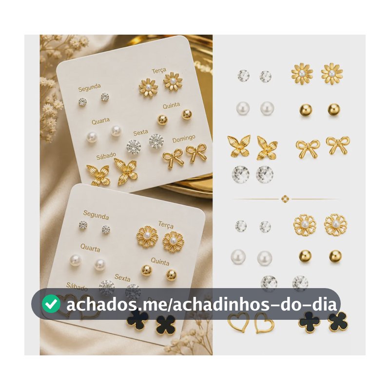 Kit 14 Pares De Brincos Minimalista Elegante Perola Zirconia Dourado
