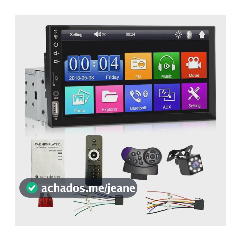 Toque Central Multimídia Mp5 1din 7' Com Carplay/wifi/fm/bt Preto