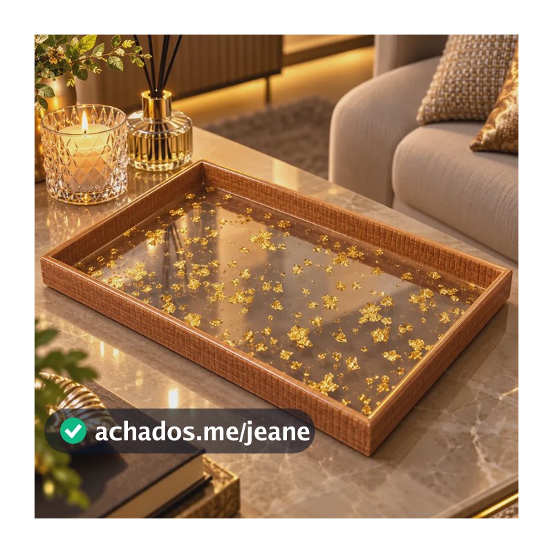 Bandeja Decorativa Luxo Retangular Acrílico Folhas Douradas Dourado