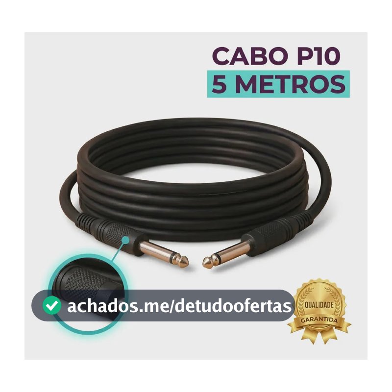 Cabo de Áudio Mono P10 para P10 5 Metros Profissional Conectores Metálicos Reforçados Alta Resistência Transmissão Estável Som de Qualidade para Instrumentos Amplificadores e Mesas Brasiliana Tech