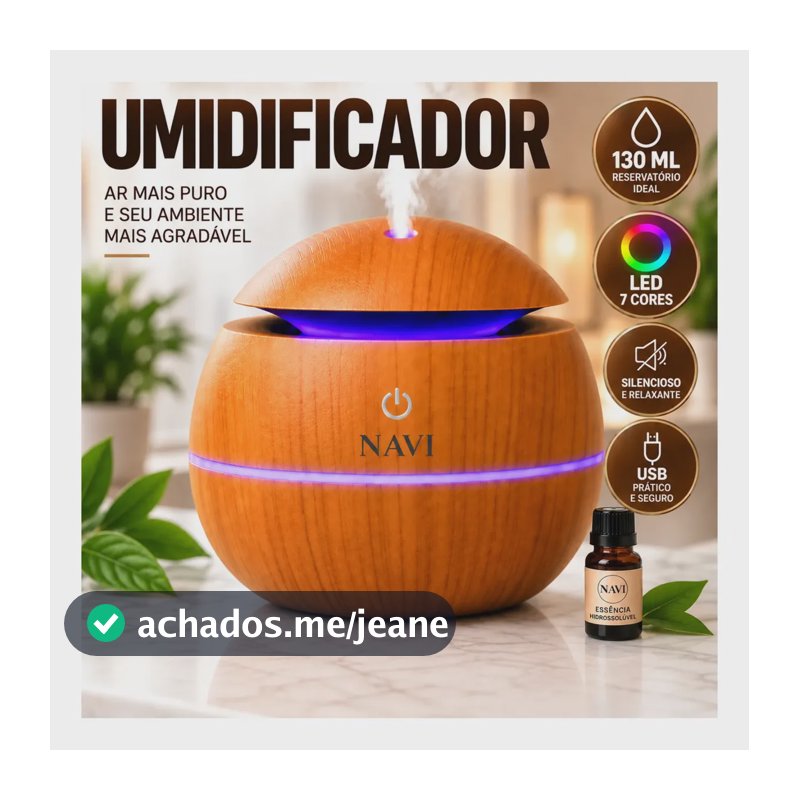 Umidificador De Ar E Difusor De Aromas Madeira Com Led Colorido Ultrassônico Silencioso Aromaterapia Relaxante Com Essência Para Quarto, Sala, Spa E Escritório Design Premium Marca Navi