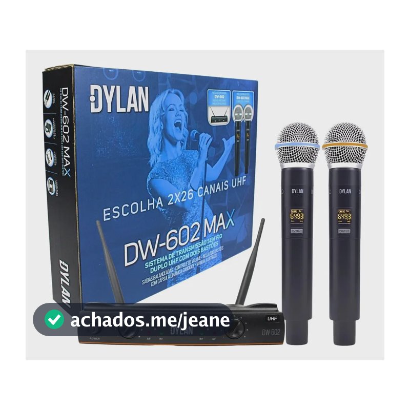 Microfone Sem Fio Profissional Duplo De Mão Dylan Dw-602 Max Cor Preto