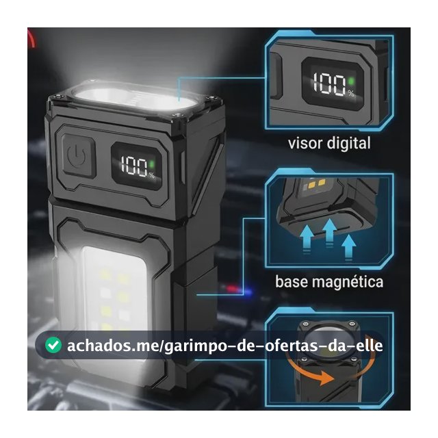 Lanterna Recarregável Portátil Com Clipe E Ímã Visor Digital Branco Preto
