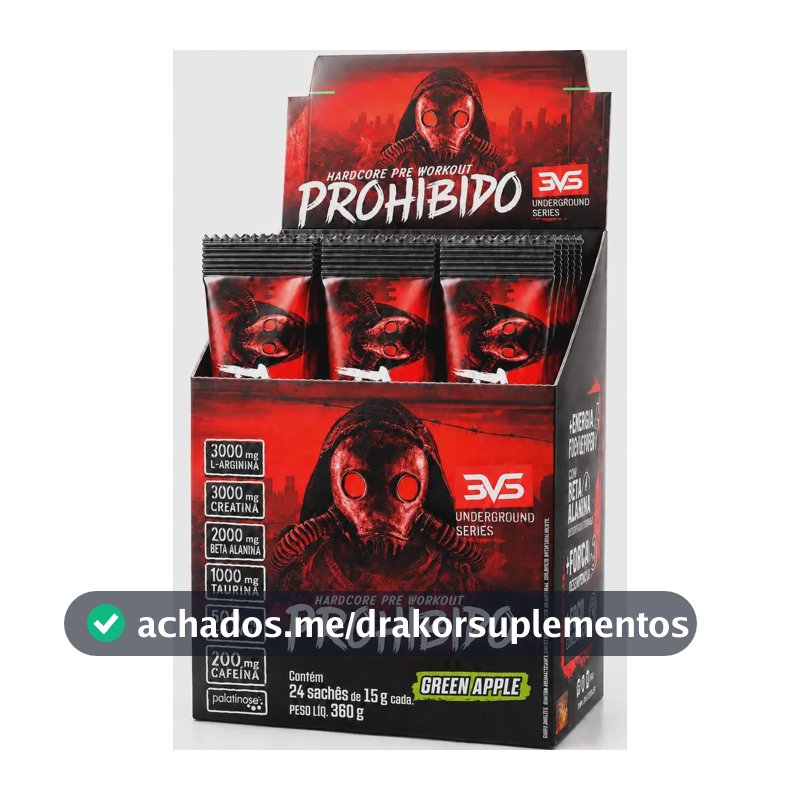 PRÉ TREINO PROHIBIDO 24 Sachês dose individual com 15g cada - Sabor: Green Apple - Fórmula Exclusiva com 11 ingredientes
