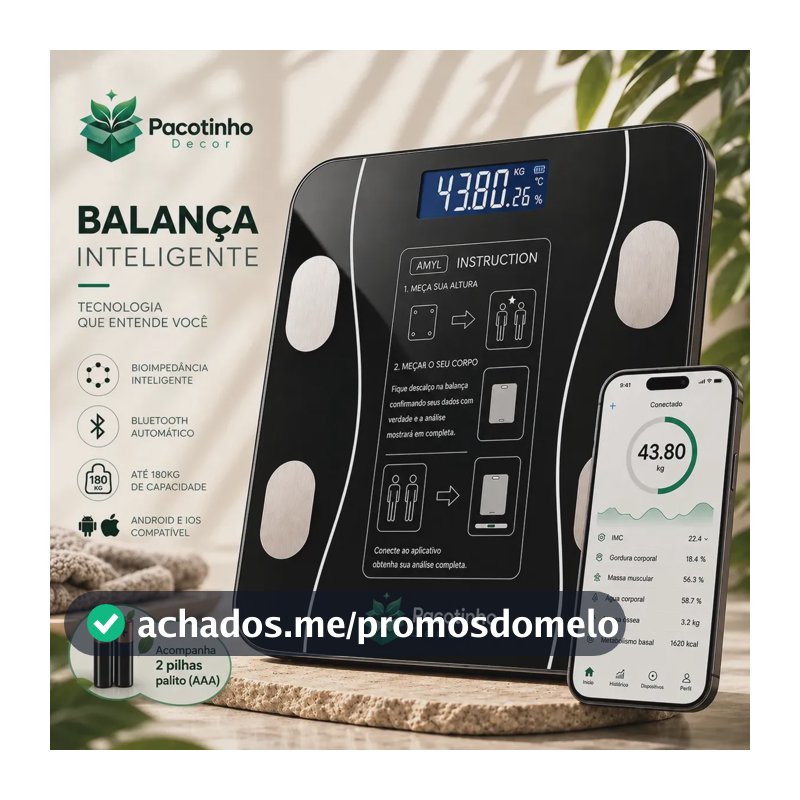 Balança Digital Smart Bioimpedância 180kg Bluetooth IMC Corporal App Android iOS Pacotinho Decor