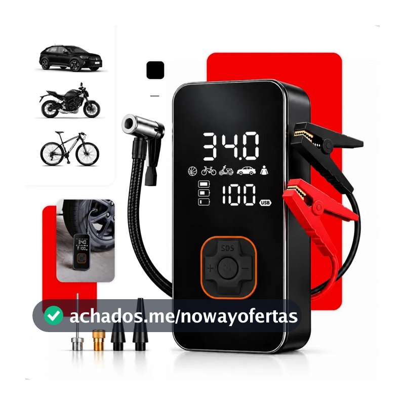 Auxiliar De Partida Bateria Carro Compressor De Ar Portátil 12V 6 funções em 1 Inflador Digital Calibrador Pneu Power Bank Lanterna LED Emergência Automotiva Moto SUV Bicicleta Caminhonete Floots