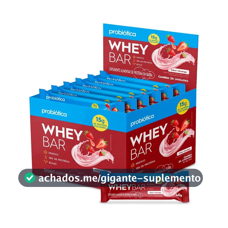 Barra de Proteína 24 Unidades Whey Bar Probiótica Morango Alto Proteico
