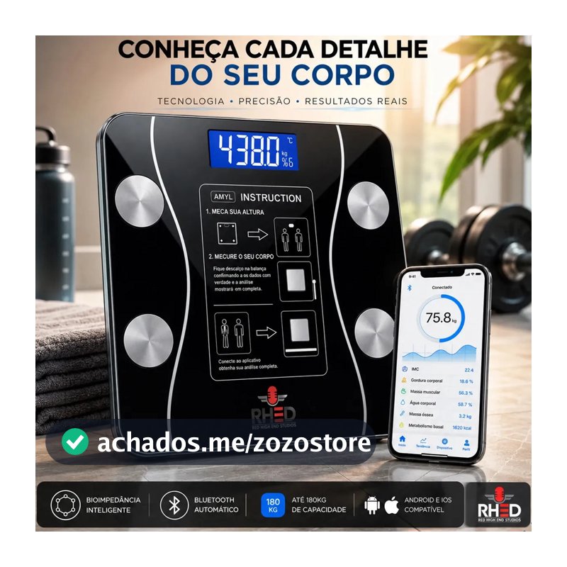 Balança Digital Bioimpedância Profissional smart imc 180kg Bluetooth Corporal Aparelho Alta Capacidade aplicativo App para Android e para IOS Balança De Banheiro Academia