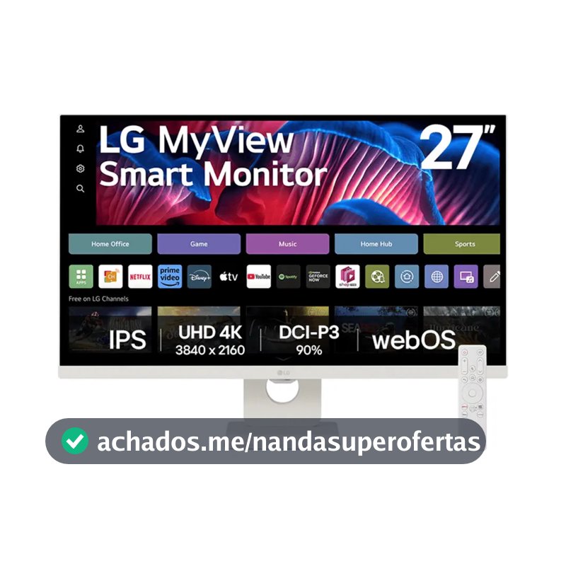 Monitor LG MyView Smart - Tela IPS 27", WebOS, ThinQ Home, Air Play, Screen Share, Bluetooth, Branco – 27SR73U