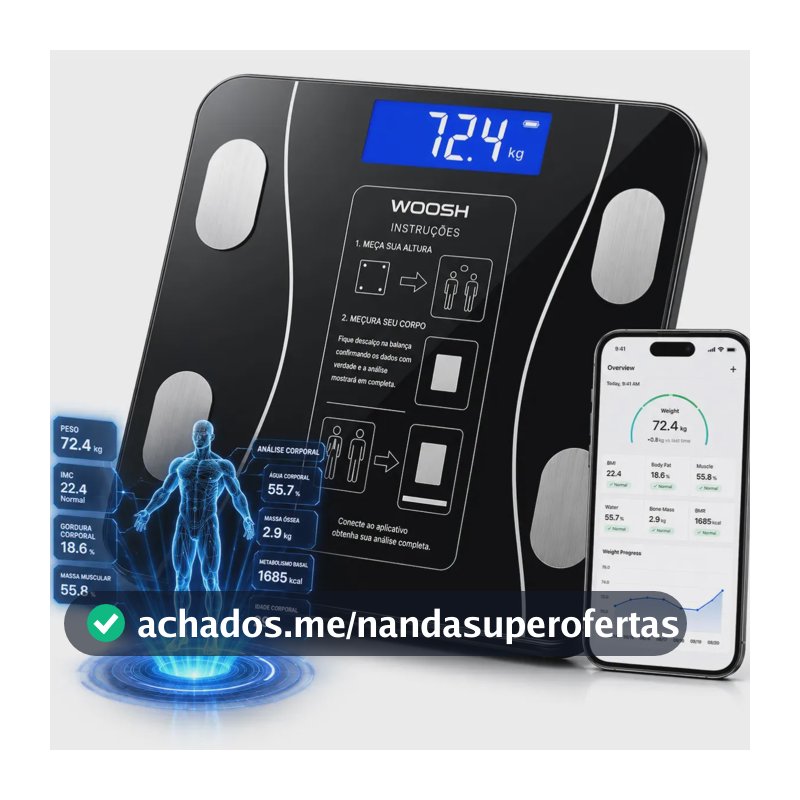 Balança de Bioimpedância Digital Woosh Smart IMC para Academia e Banheiro com Bluetooth e App, até 190 kg