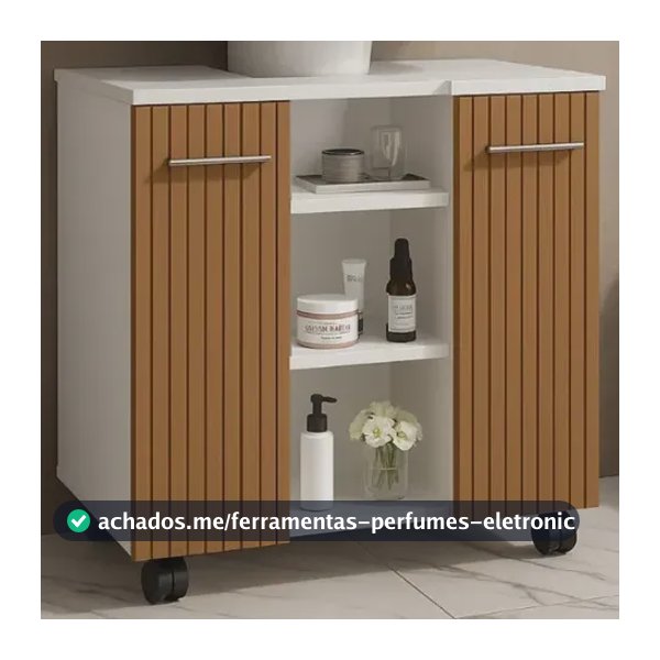 Gabinete Para Banheiro Premium 2 Portas Prateleiras Organizador 62cmx60cmx40cm Branco Ripado Com Rodizio