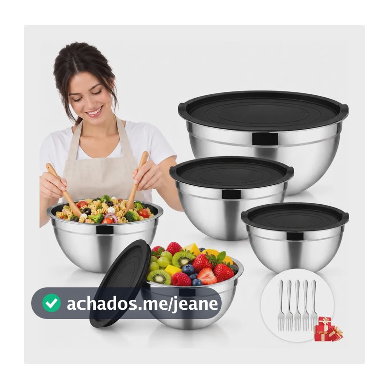 5 Bowls Tigelas Inox Com Tampa Plástica + 5 Garfo Hikuca Inox