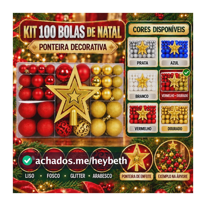 Kit 100 Bolas Natal Lisas/foscas/glitter C/ Ponteira Enfeite Vermelho E Dourado