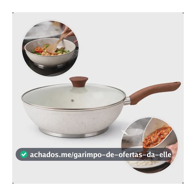 Frigideira Antiaderente Wok Em Cerâmica Grande Com Tampa Em Vidro Para Fogão De Indução E Gás 28cm 4,3 Litros Granito Bege