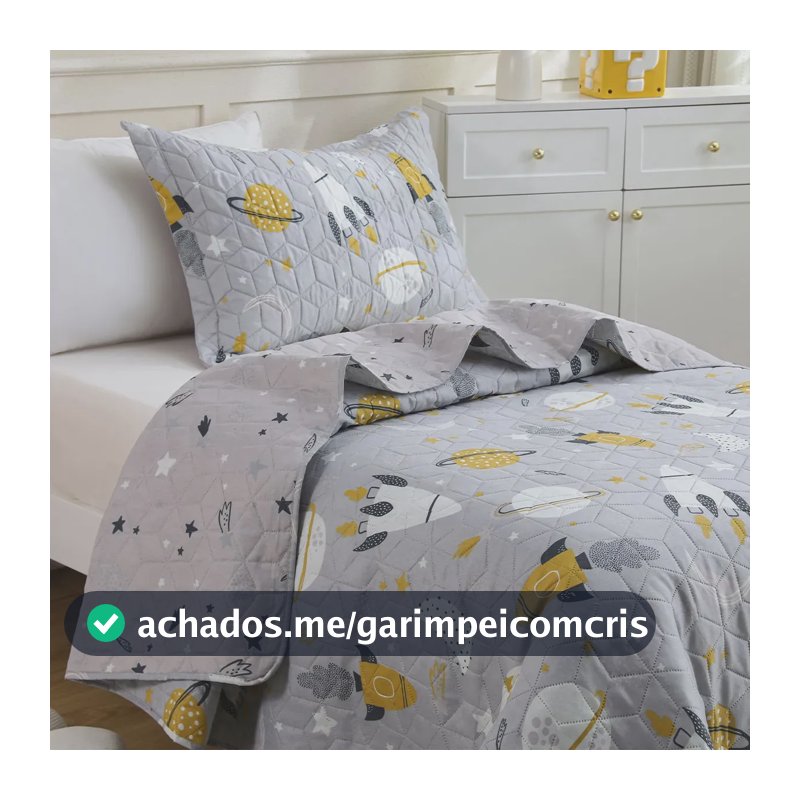 Kit Cobre Leito Colcha Solteiro Infantil 2 Peças Boutis Dupla Face Porta Travesseiro Aba Americana Espaço Cinza