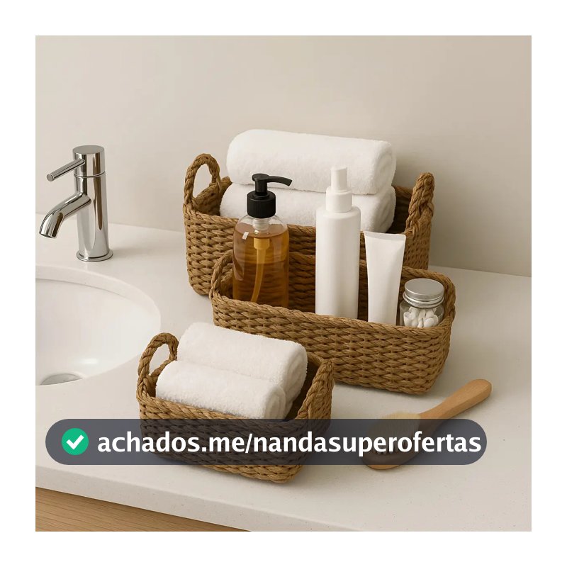 3 Cestos Conjunto Organizador Rústico Em Palha Natural Boho