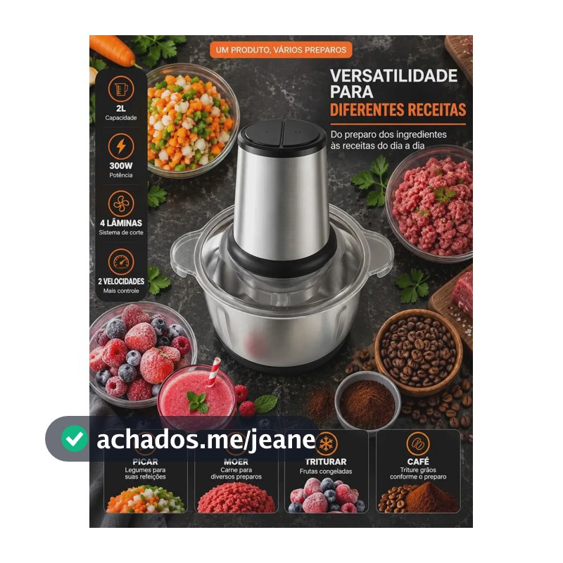 Multiprocessador de Alimentos VIACRUZ Elétrico de 2 L com 300W e Inox