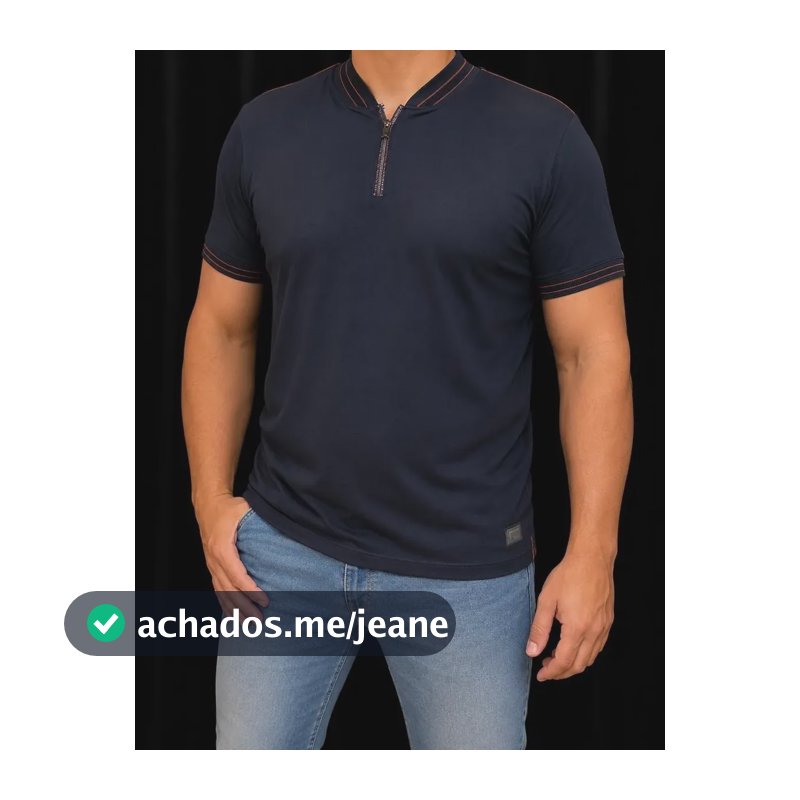 Camisa Polo Masculina Gola Padre Com Zíper Manga Curta Slim Azul-marinho Lisa M