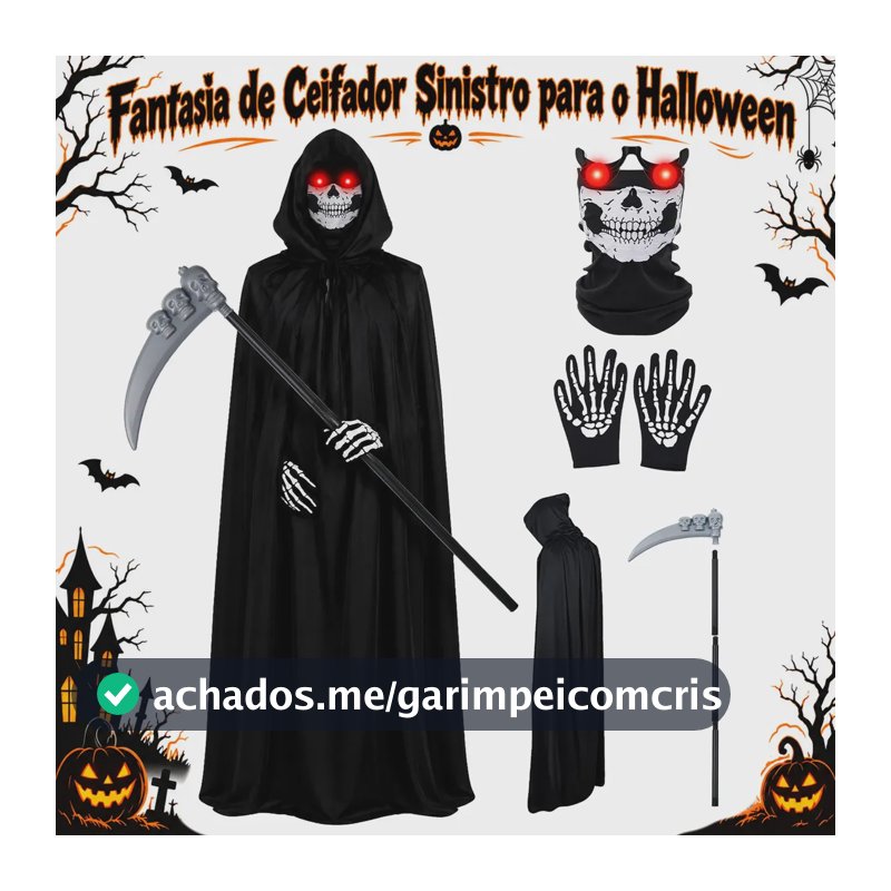 Lictin Fantasia De Ceifador Para O Halloween,Cosplay De Shinigami,Con Capa Com Capuz, Tiara, Luvas, Óculos E Foice;Fantasias Assustadoras Para Festa De Halloween,Tamanho: 140 cm