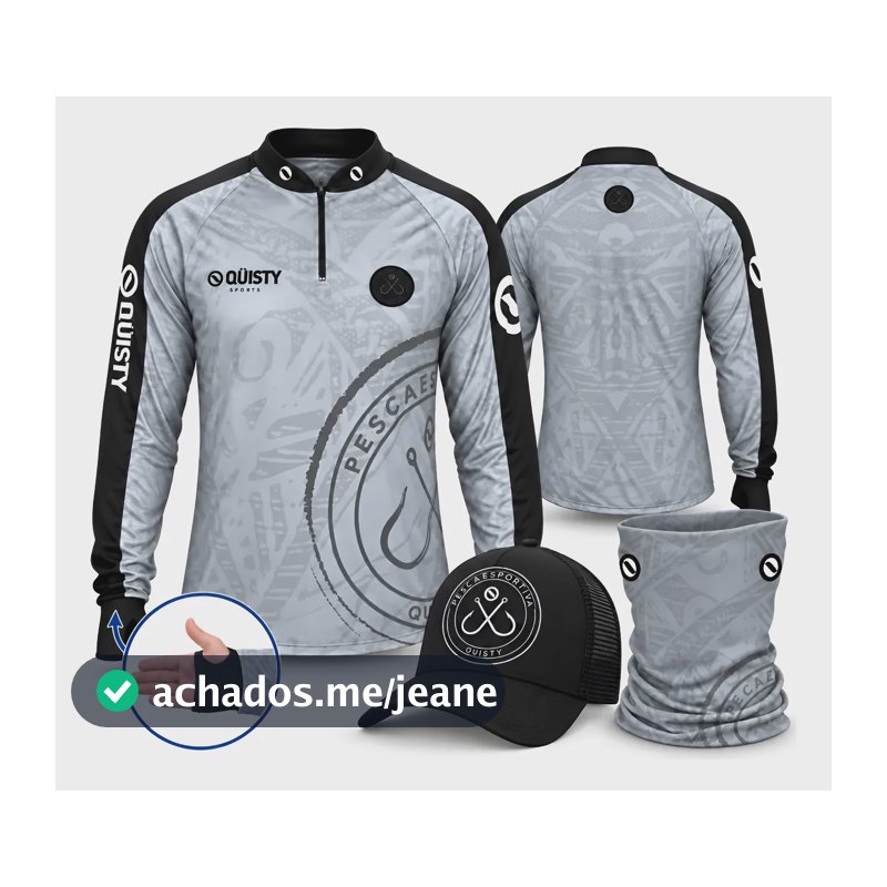 Super Kit Pesca Quisty Anzol Camisa + Máscara + Boné Cinza G