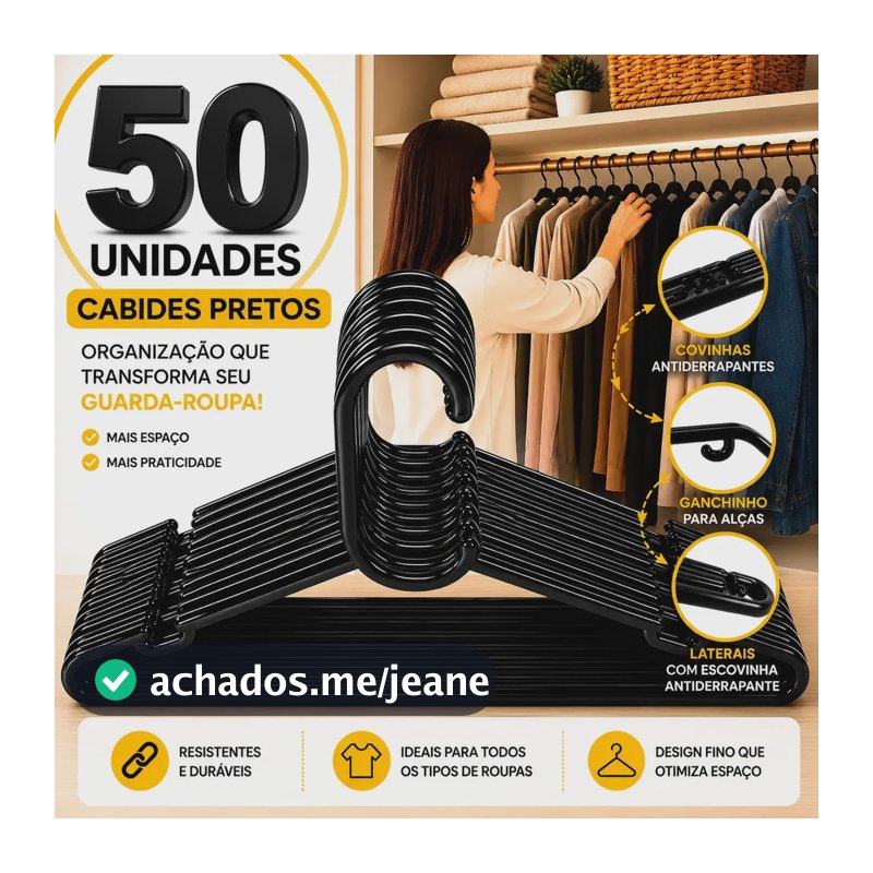 Cabides Preto Adulto Reforçado 50 Atacado Organizador Roupas Preto