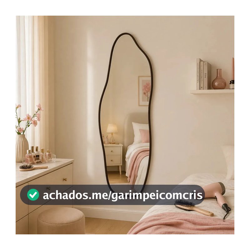 Espelho Orgânico 70x30cm Moldura De Couro Preto Decorativos Sala Premium Luxo Closet Corpo Inteiro Para Quarto Sala Camarim Hall Moderno Reforçado Prime Vmex