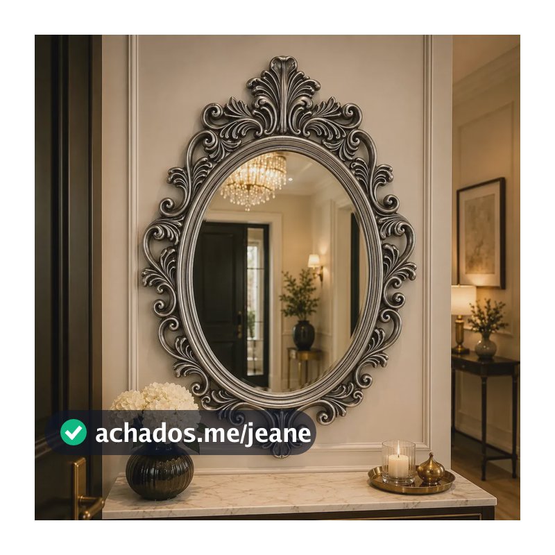 Espelho Oval Decorativo Parede Moldura Prata Antiga Clássico 53x36cm