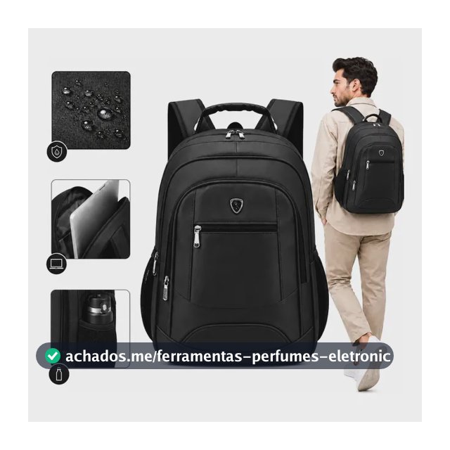 Mochila Masculina Notebook 17 Impermeável Grande 25l Preta Preto Liso