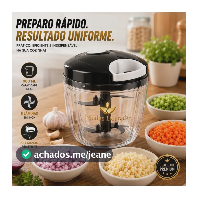Triturador de Alimentos Manual 900ml com 5 Lâminas Inox – Picador de Cebola Alho Legumes e Temperos Pétalas Douradas Fatiador Cortador