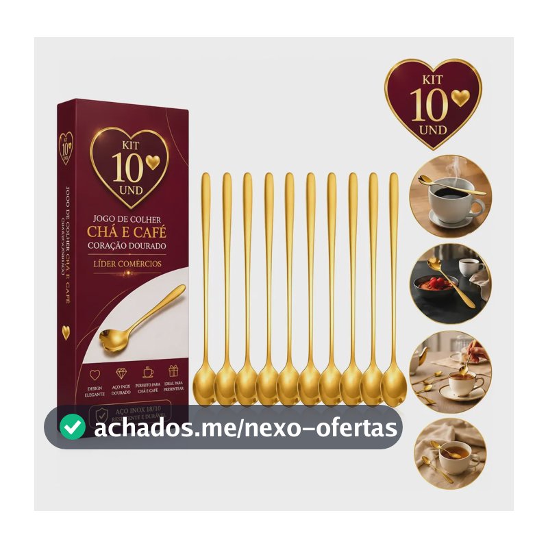 Kit 10 Colheres Aço Inox Douradas Heart Coração 13cm Classic Dourado