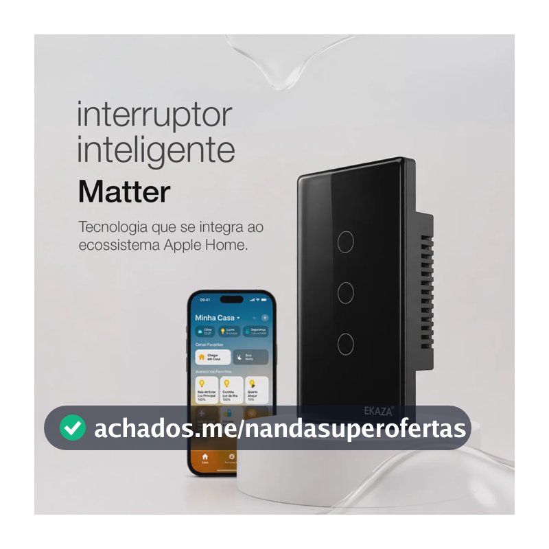 Interruptor Inteligente Matter Compativel Com iPhone Siri Wi-fi 2.4 Ghz Alexa Google Tuya 3 Botões 4x2 Bivolt Preto Ekaza