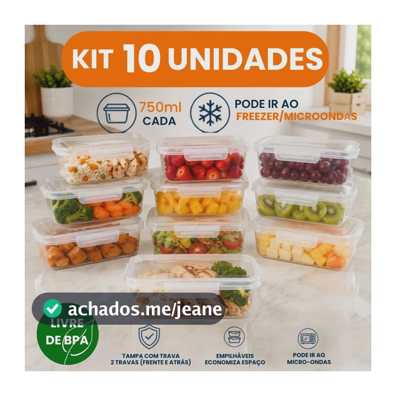 Kit 10 Potes Plásticos Retangulares 750 mL com Tampa e Travas, para Marmita e Freezer