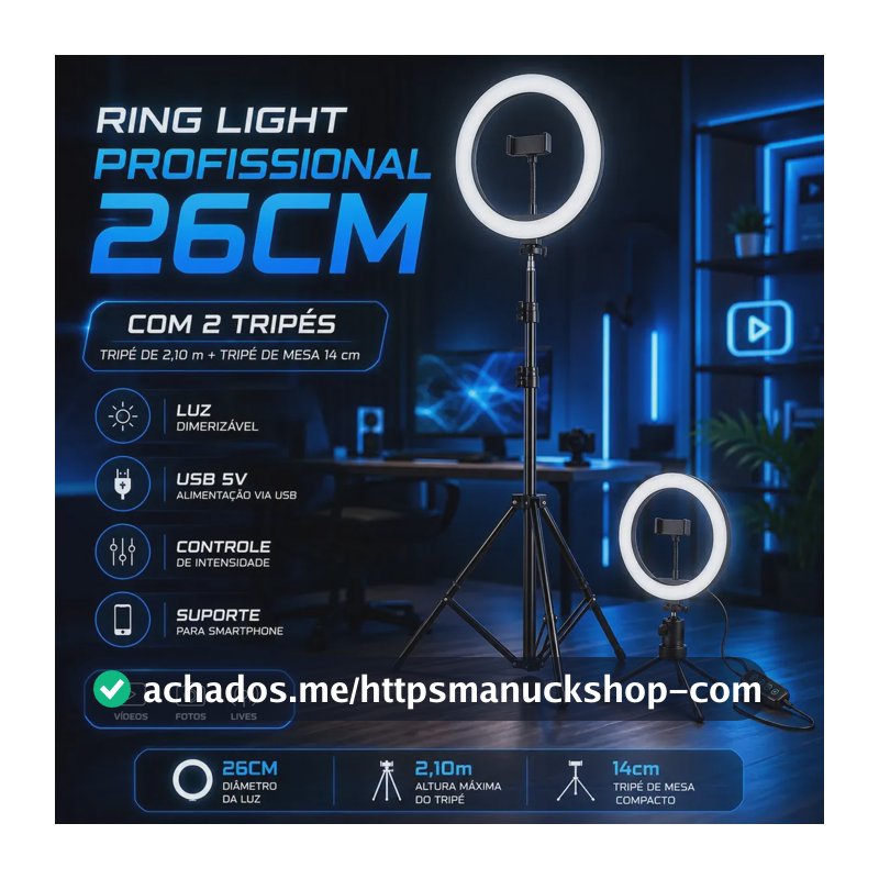 Ring Light Iluminador Led Profissional 26cm Tripé 2,10m Luz Branco Frio Quente Neutro