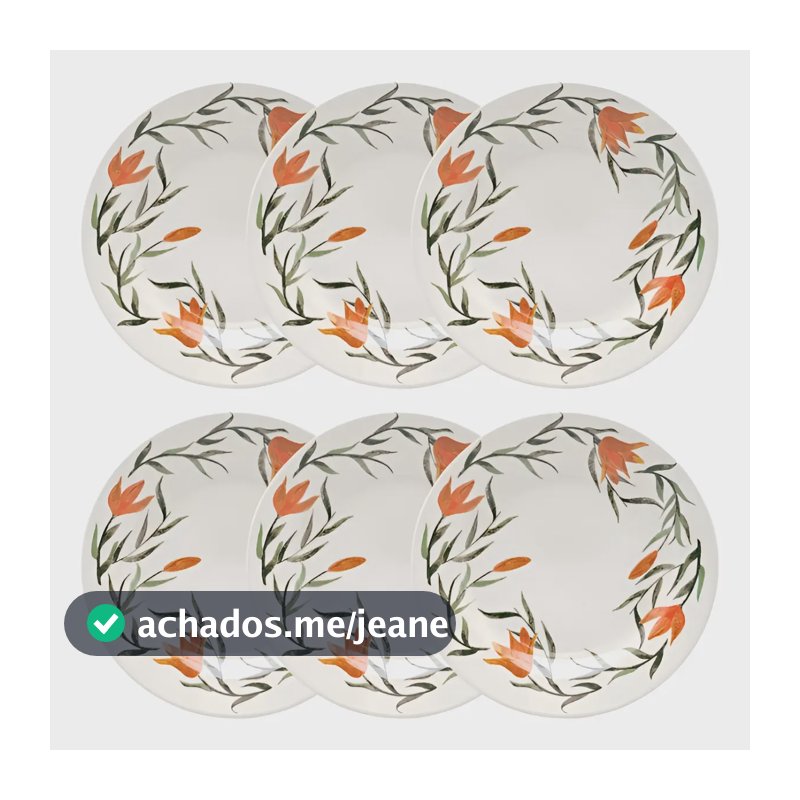 Conjunto 6 Pratos Rasos 24cm Cerâmica Lírios Donna Biona Coloridos