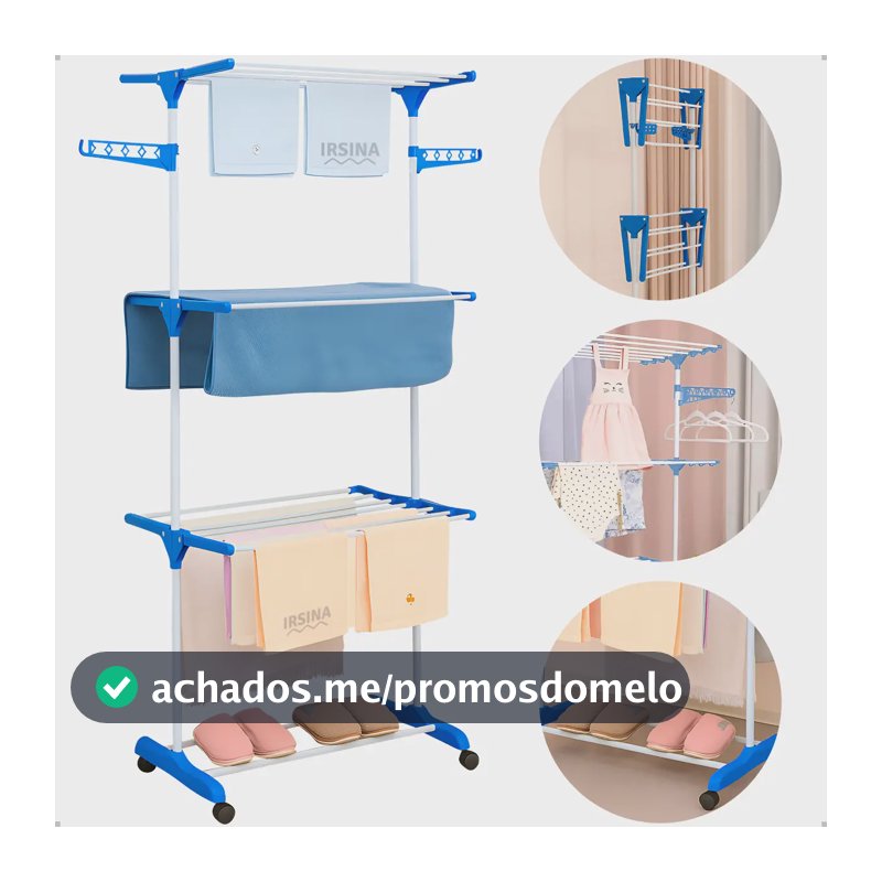 Varal Dobrável De Chão 3 Andares De Roupas Grande com Rodinha Resistente Durável Irsina