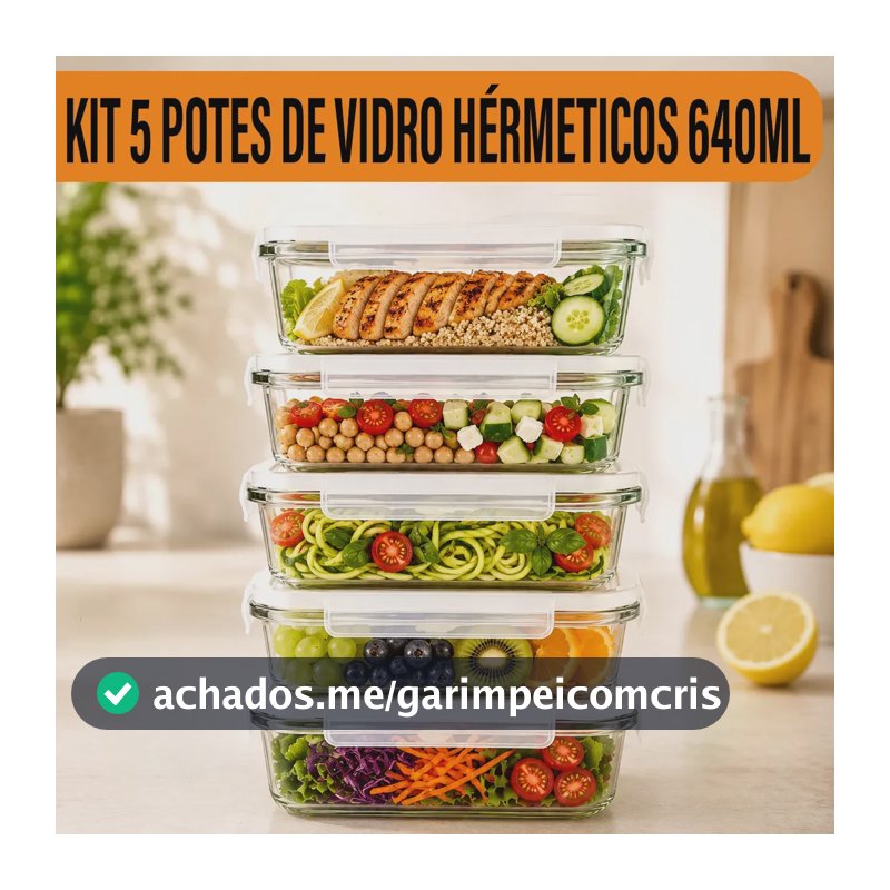 Yab - Kit 5 Potes De Vidro Marmita C/ Tampa Hermético 640ml Retangular 4 Travas Borossilicato Alimentos Micro-ondas Freezer Geladeira
