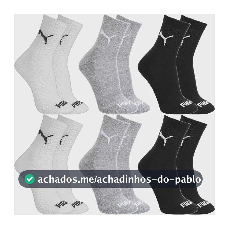 Kit 6 Pares Meias Puma Algodão Cano Médio Alto Atoalhado 2 Pretas, 2 Cinzas E 2 Brancas G - 39 A 43