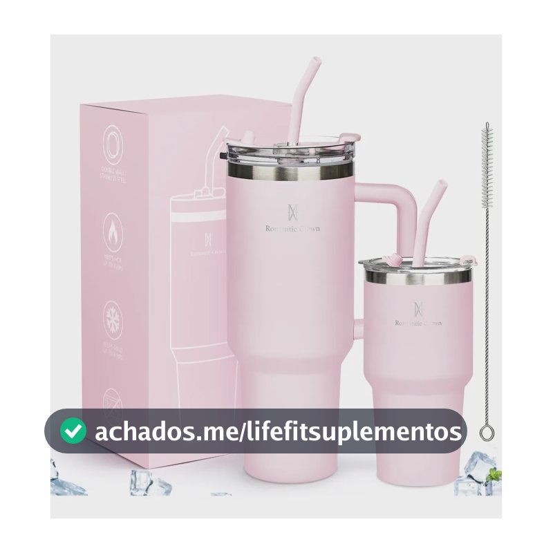 Kit Copo Térmica Inox 1200ml & 600ml Com Tampa E Canudo Rosa Cor Pura