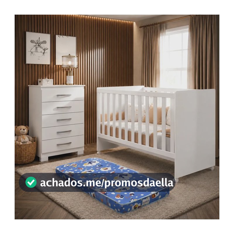 Kit Quarto de Bebê Gabriel com Berço, Colchão e Cômoda de 5 Gavetas Inova em MDF Design Moderno Americano Cor Branco