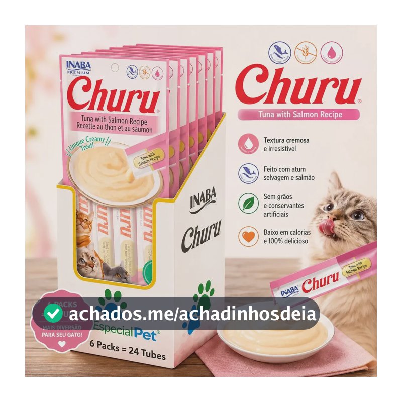 Churu para Gatos: Petisco Úmido de Atum e Salmão em Kit c/ 6 Pacotes (24 Sachês) - Especial Pet