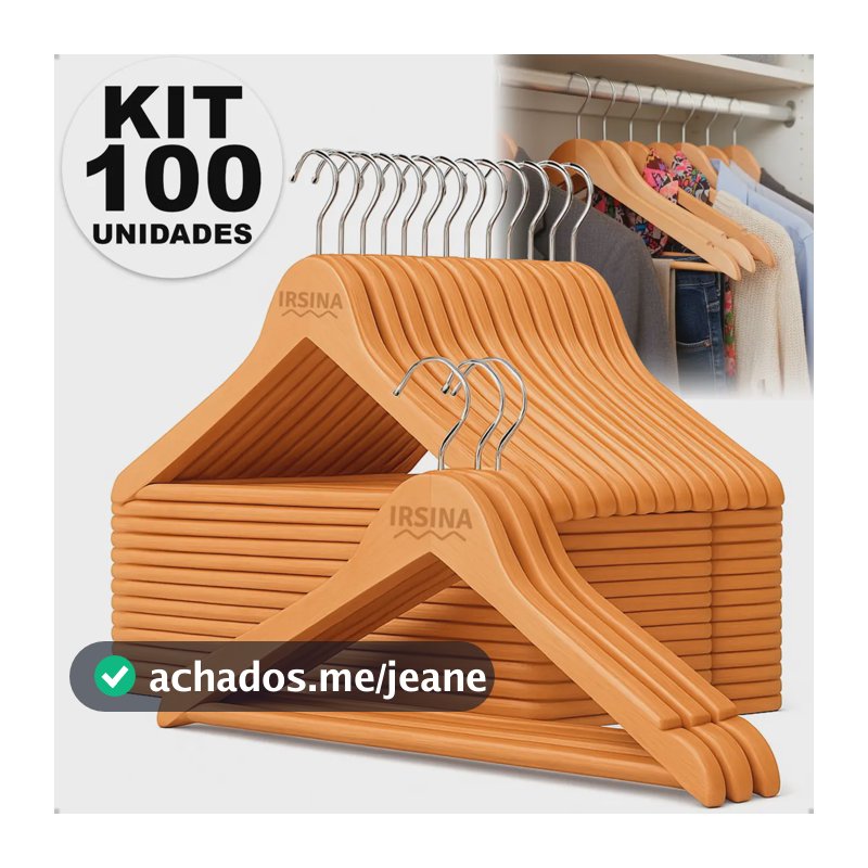 Kit Cabide Madeira Natural Gancho De Metal Marfim Envernizado Antideslizante Adulto Roupa Camisa Vestido Terno Irsina