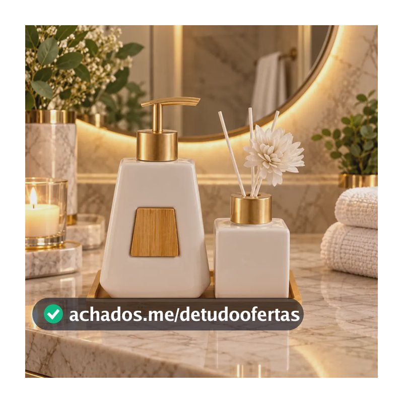 Kit Banheiro Ceramica Com Difusor 3 Peças Base Em Bambu Bege