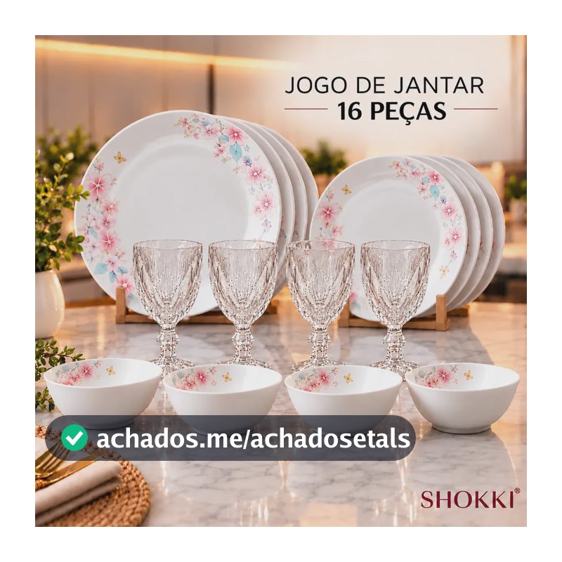 Jogo de Jantar SHOKKI com 16 Peças Flor de Cerejeira para 4 Pessoas, em Porcelana Branca