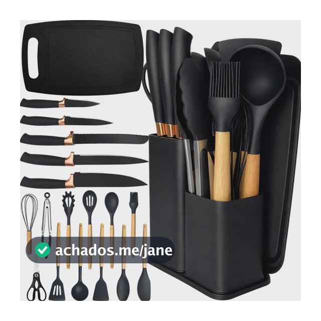 Kit Utensílios Silicone C/ Cabo De Madeira E Facas Em Inox