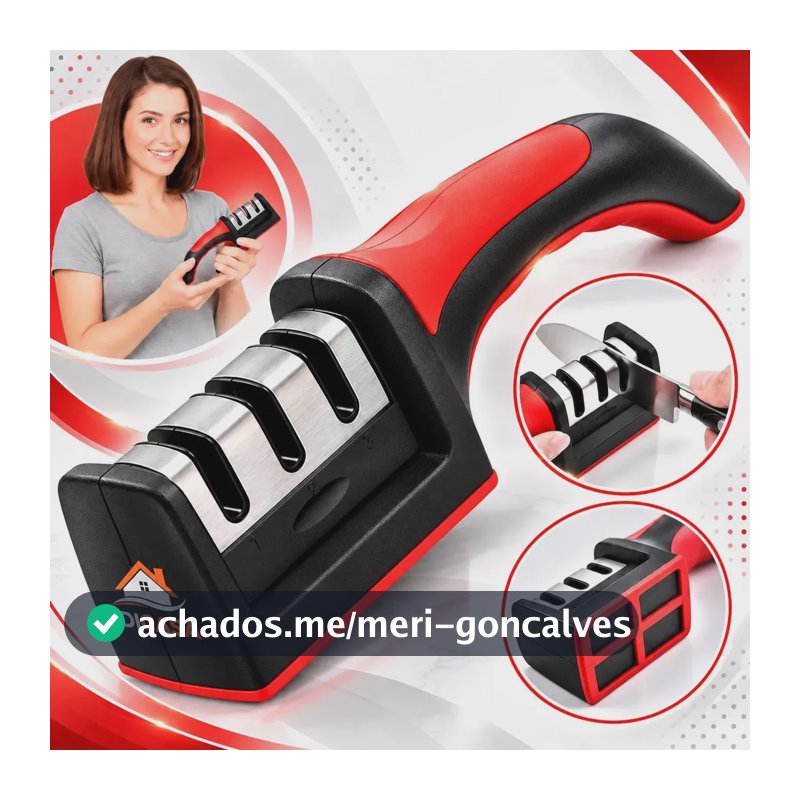 Afiador Amolador De Facas Tesouras Profissional 3 Em 1 Pedra De Afiar Amolar Inox Portátil Preto/vermelho