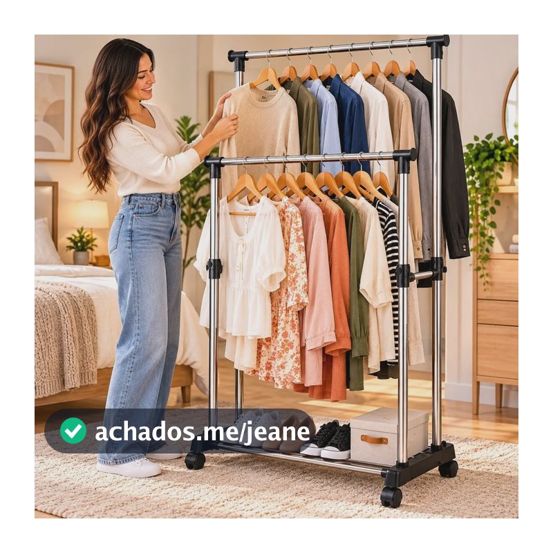 Arara Dupla Roupas Organizar Suporte Rodinhas Cabideiro Inox