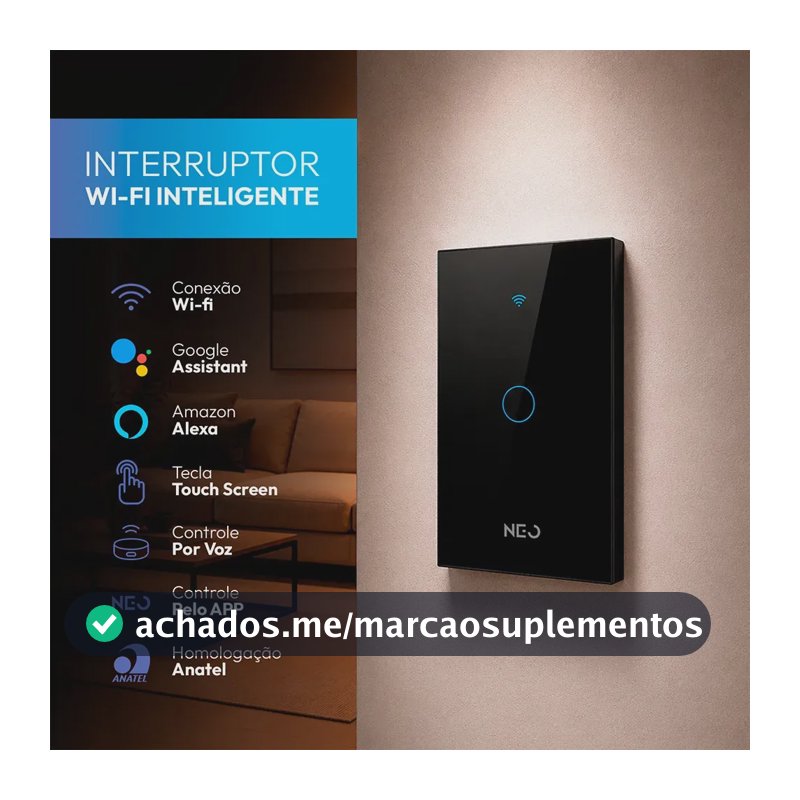 Interruptor Smart Inteligente Wi-fi 2.4 GHz Alexa google 1 Botão 4x2 Bivolt Preto Cod: 291990365 Neo Avant