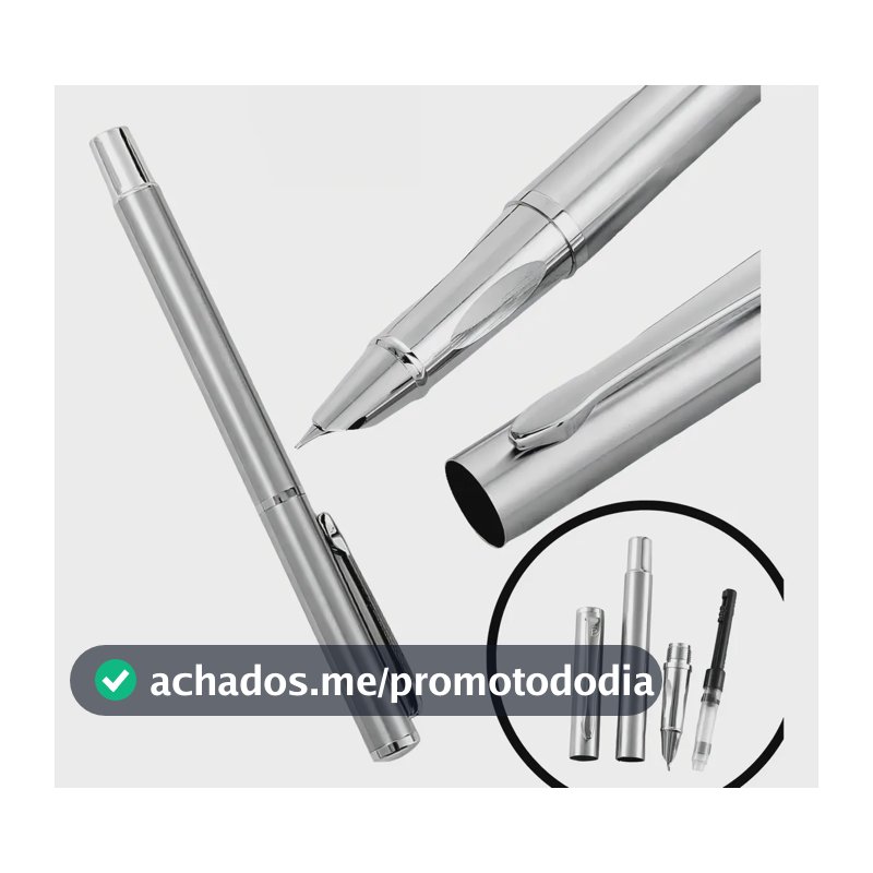 Caneta Prata Pena Tinteiro Presente Luxo Extra Fina 0,38mm