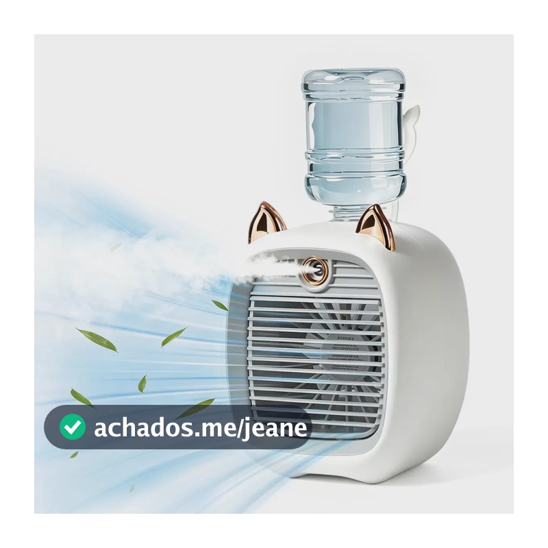 Ventilador portátil mini recarregável em cinza, equipado com sistema de atomização, luz LED noturna, 3 velocidade e design silencioso, ideal para uso na mesa ou durante acampamento